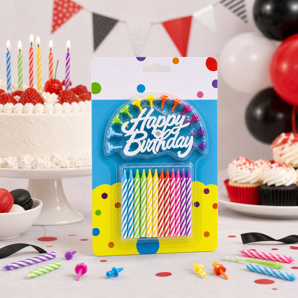 144 Pieces Birthday Candle Set, Assorted Colour, 12 Jumbo Candles, 12 Holders and Banner, 1 Set