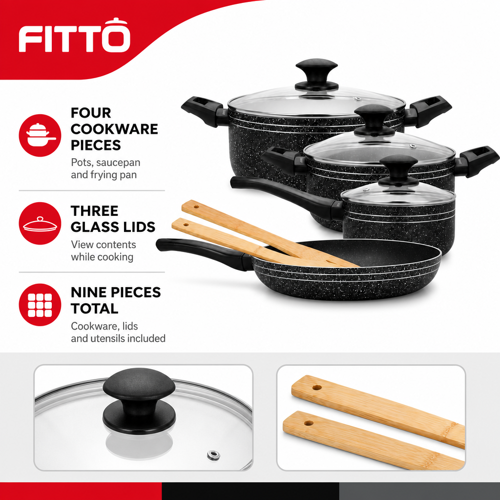48 Pieces 9-Piece Non-Stick Cookwares Set with Glass Lids and Wooden Utensils, Black Granite