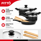 48 Pieces 9-Piece Non-Stick Cookwares Set with Glass Lids and Wooden Utensils, Black Granite