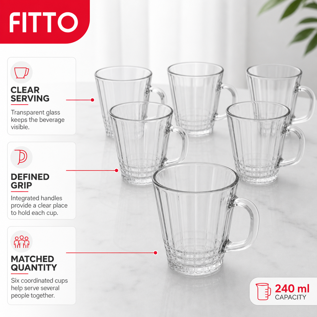 96 Pieces Glass Cup Set, 240 ml Clear Handled Cups for Tea, Coffee and Beverages, 6 Pieces
