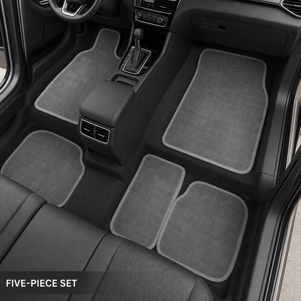48 Pieces Universal Car Floor Mat Set, 5-Piece Grey Cashmere Fiber Mats with Magic Backing, 75 x 50 cm