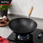 72 Pieces Carbon Steel Wok with Wooden Handle, Black, 1 Piece