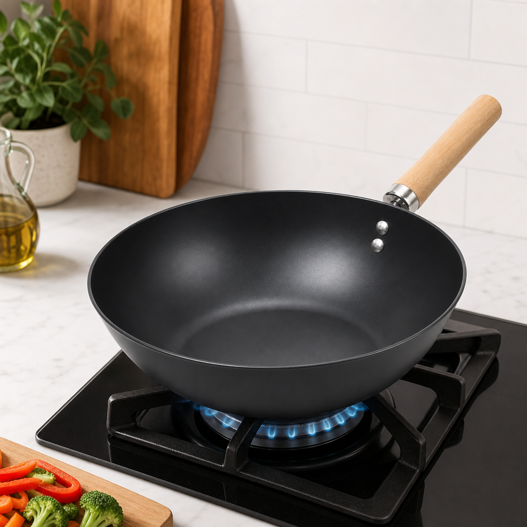 96 Pieces Non-Stick Wok Frying Pan with Wooden Handle, 25 cm
