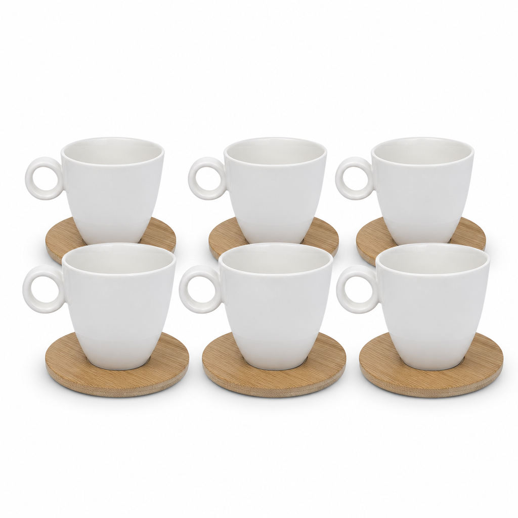 60 Pieces Ceramic Tea and Coffee Cups with Round Ring Handles and Wooden Saucers, White and Natural Wood, 6 Pieces