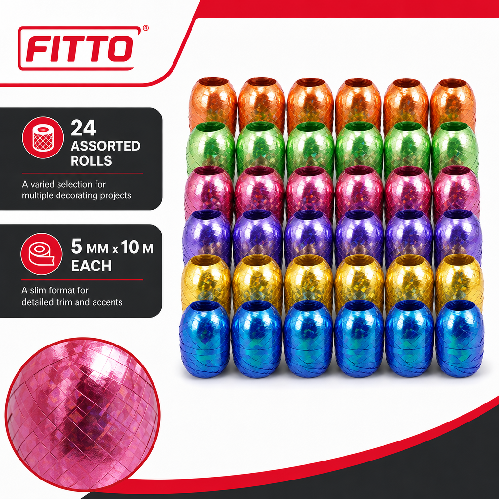 96 Pieces Assorted Colour Metallic Ribbon Rolls, 5 mm x 10 m, 24 Rolls for Crafting and Decorations