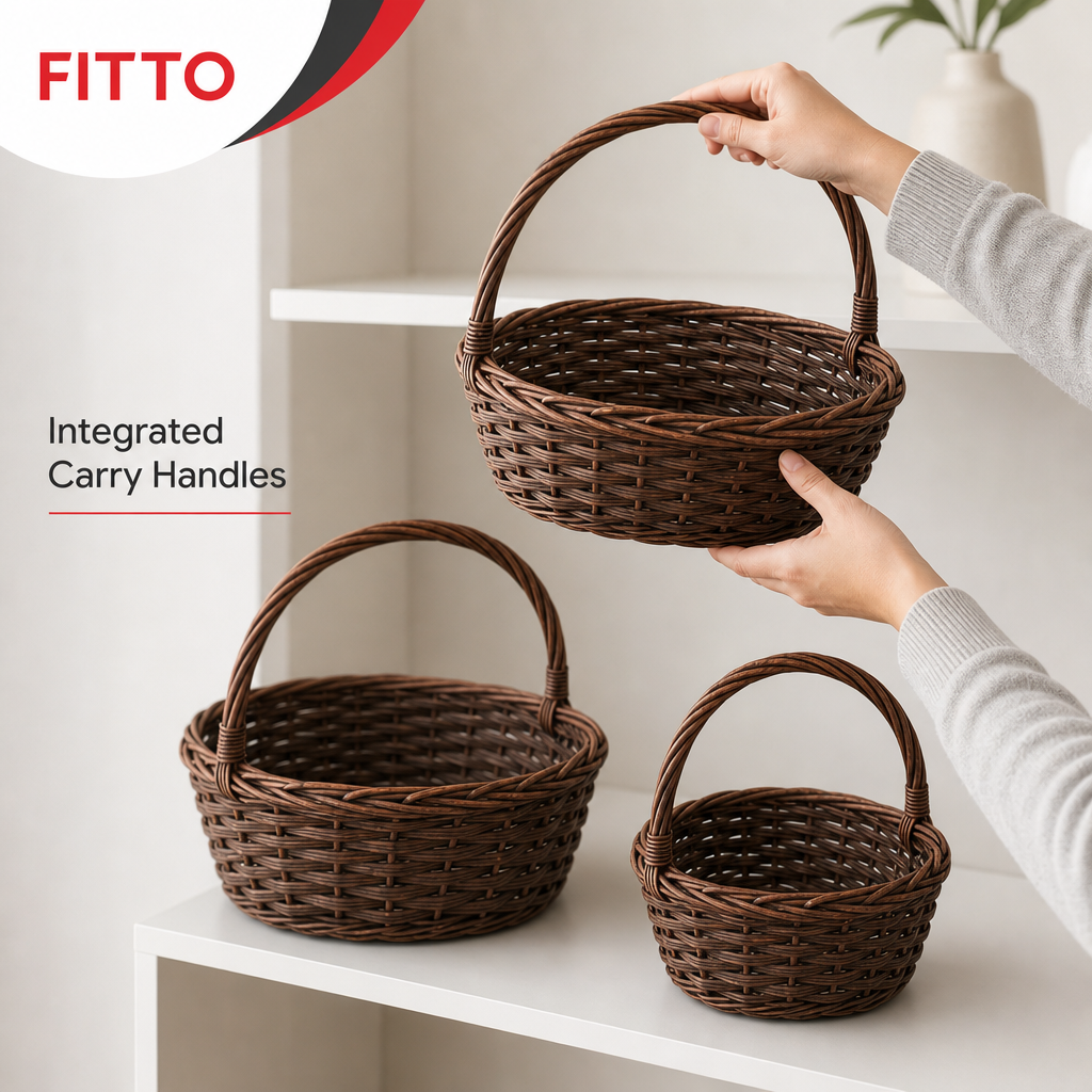 60 Pieces Brown Oval Woven Storage Basket Set with Carry Handles, 13 in, 11 in and 9 in, 3 Pieces