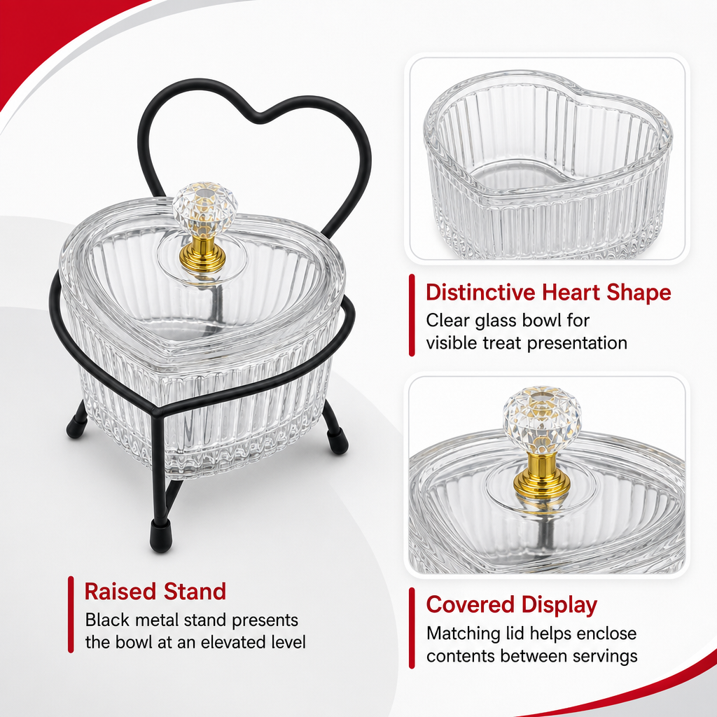 72 Pieces Clear Heart-Shaped Glass Candy and Snack Bowl with Lid and Black Metal Stand