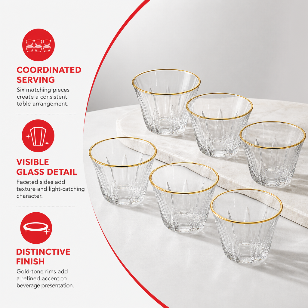 96 Pieces Clear Glass Cawa Cups with Gold-Tone Rims, Faceted Design, 6 Pieces