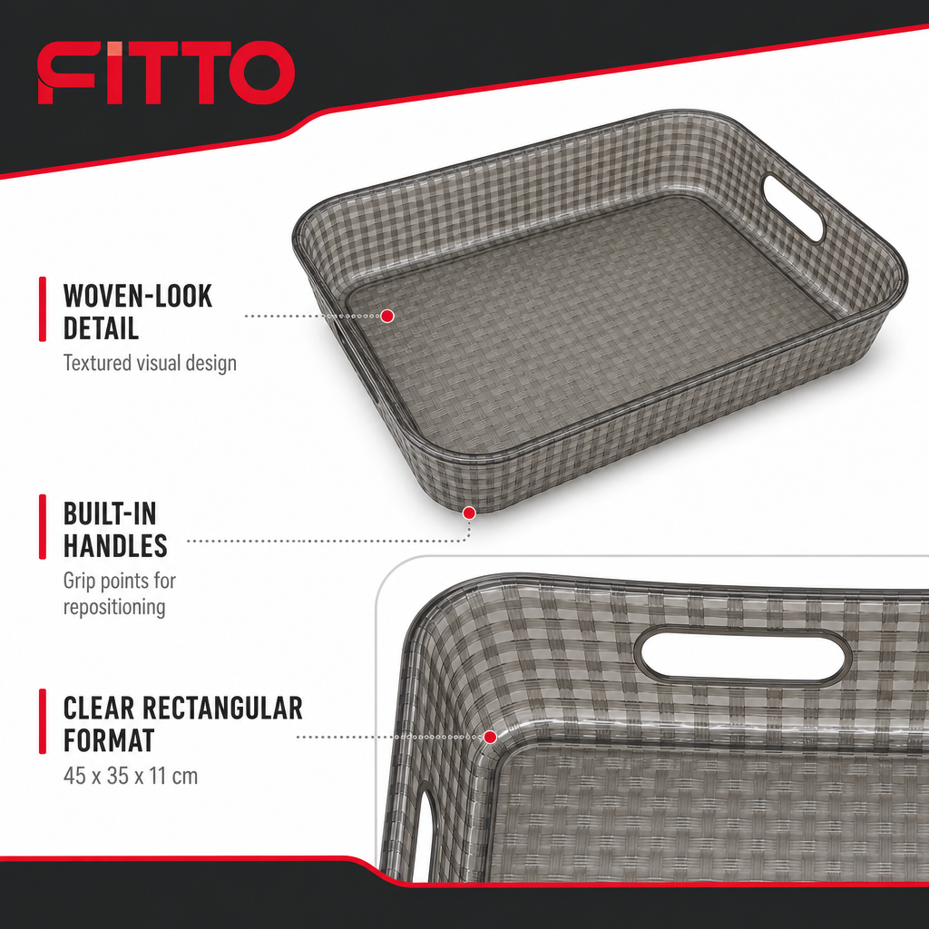 96 Pieces Rectangular Storage Basket, Smoky Grey Plastic Woven Design with Built-In Handles, 45 x 35 x 11 cm