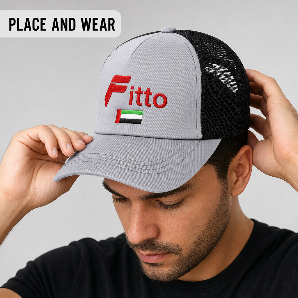 120 Pieces Grey and Black Trucker Cap with UAE Flag Detail, Mesh Back, Curved Brim, 1 Piece