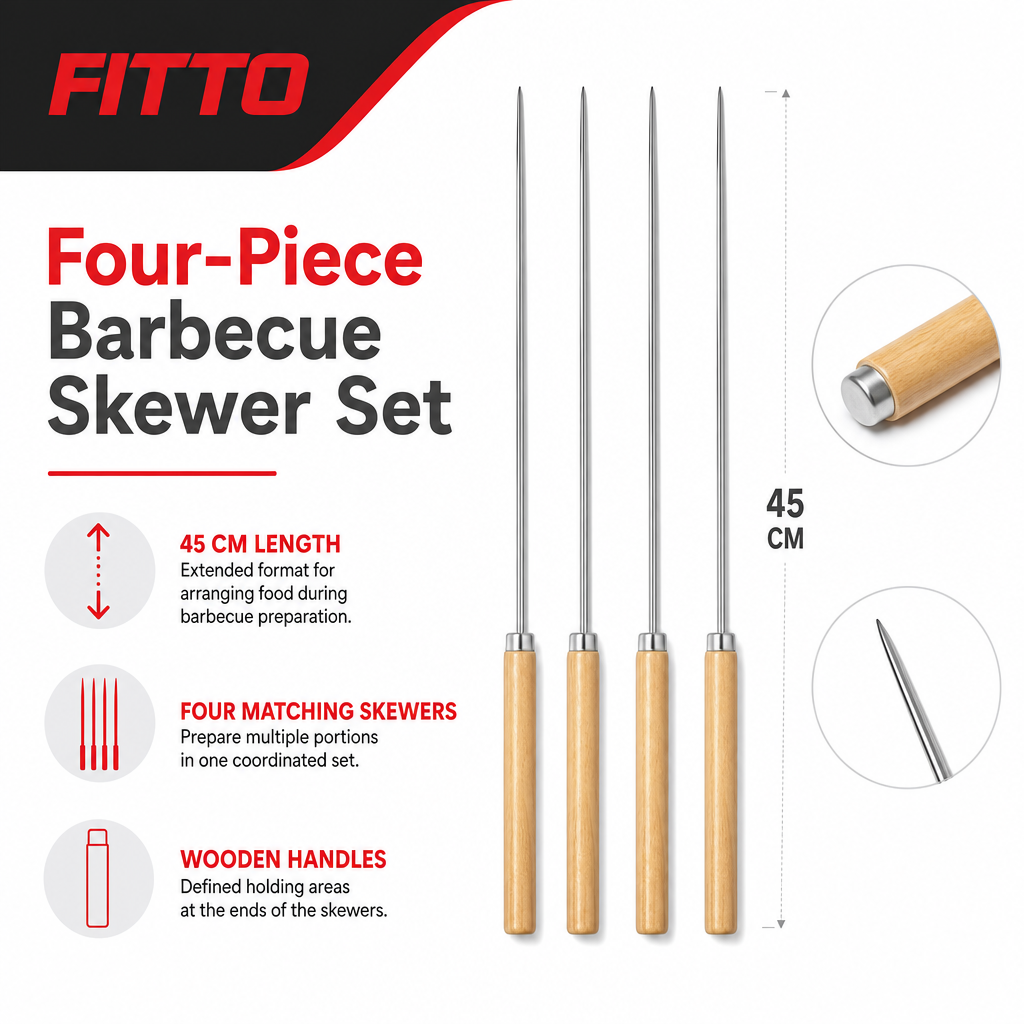 144 Pieces Stainless Steel Barbecue Skewer Set with Wooden Handles, 4-Piece, 45 cm