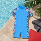 72 Pieces Blue Short-Sleeve Youth Swimming Suits with Floral Panels, Ages 7-14