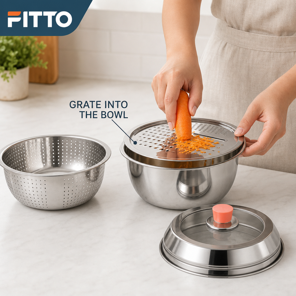 60 Pieces 4-in-1 Stainless Steel Grater Set with Grating Plates, Colander, Mixing Bowl and Storage Lid, Silver, 1 Set