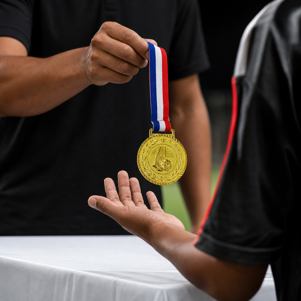 144 Pieces Football Sports Medal with Red White and Blue Ribbon, Gold