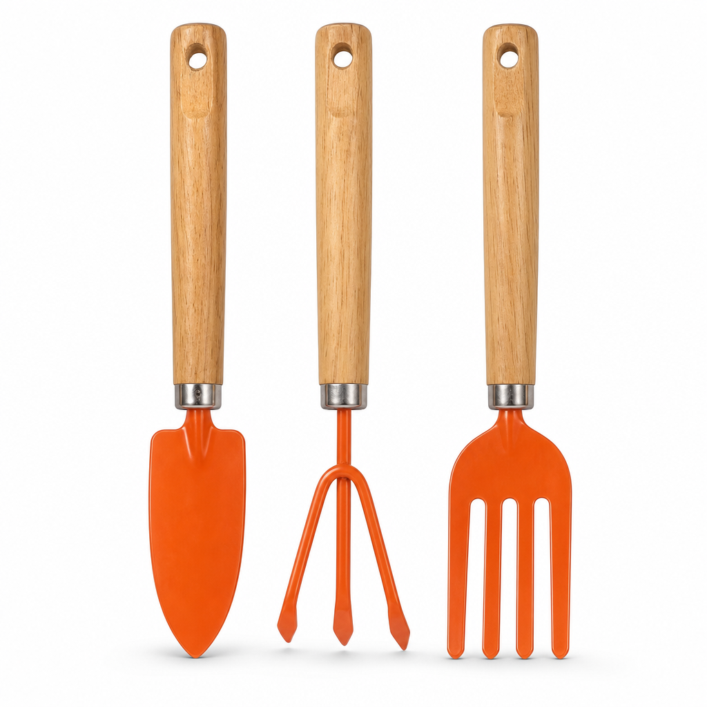 72 Pieces 3-Piece Garden Tool Set, Carbon Steel Trowel, 3-Tooth Cultivator and 4-Tooth Fork, 25 cm, Orange and Wood