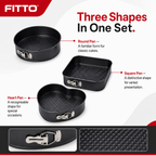 96 Pieces Springform Cake Pan Set, 3-Piece Round Square and Heart Shape Baking Moulds