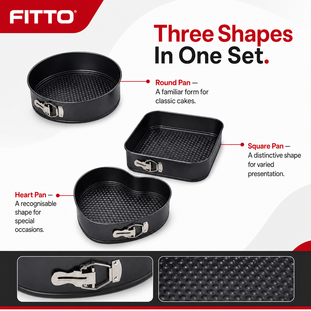 96 Pieces Springform Cake Pan Set, 3-Piece Round Square and Heart Shape Baking Moulds