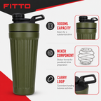 96 Pieces Stainless Steel Shaker Bottle with Mixer, 1000ml, Olive Green