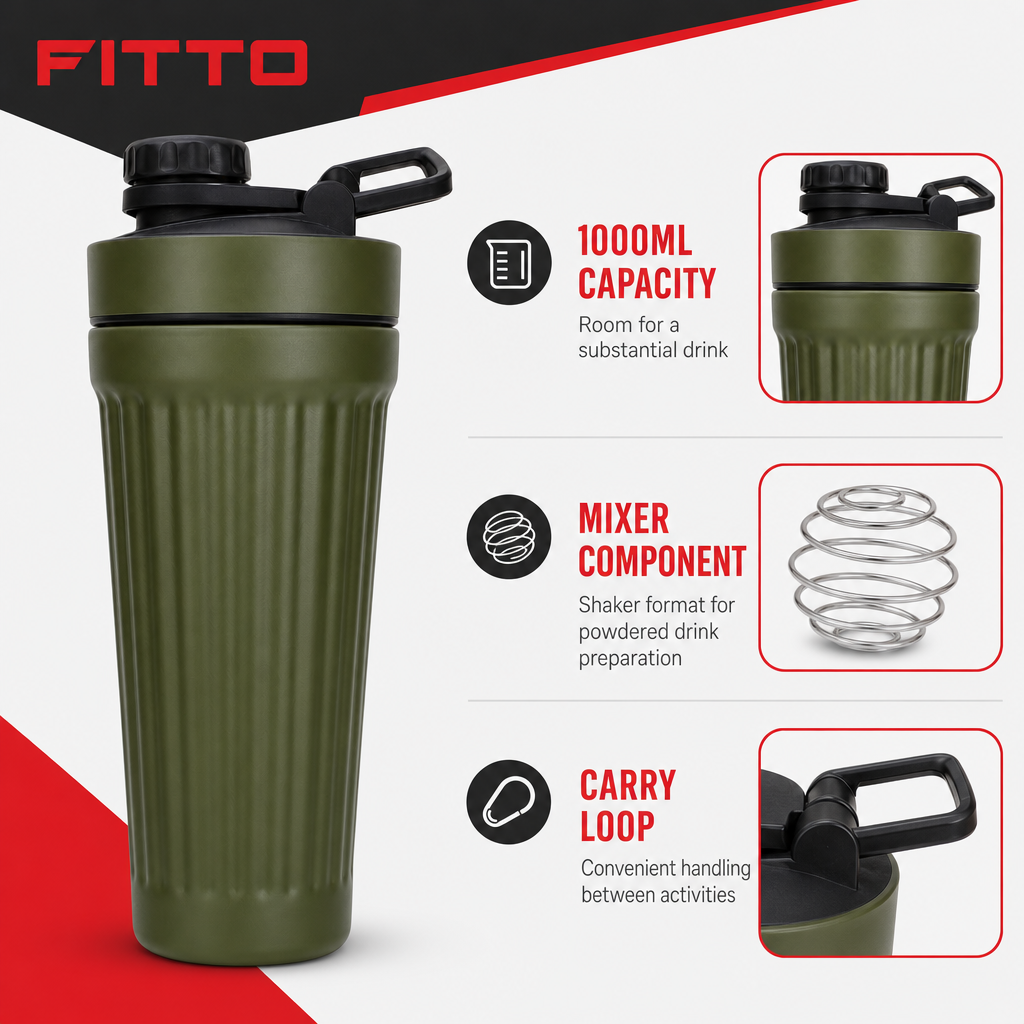 96 Pieces Stainless Steel Shaker Bottle with Mixer, 1000ml, Olive Green