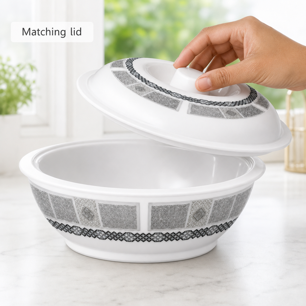 96 Pieces Melamine Bowl with Lid, Round Tablewares Serving Bowl, 10 Inch, White with Grey Pattern