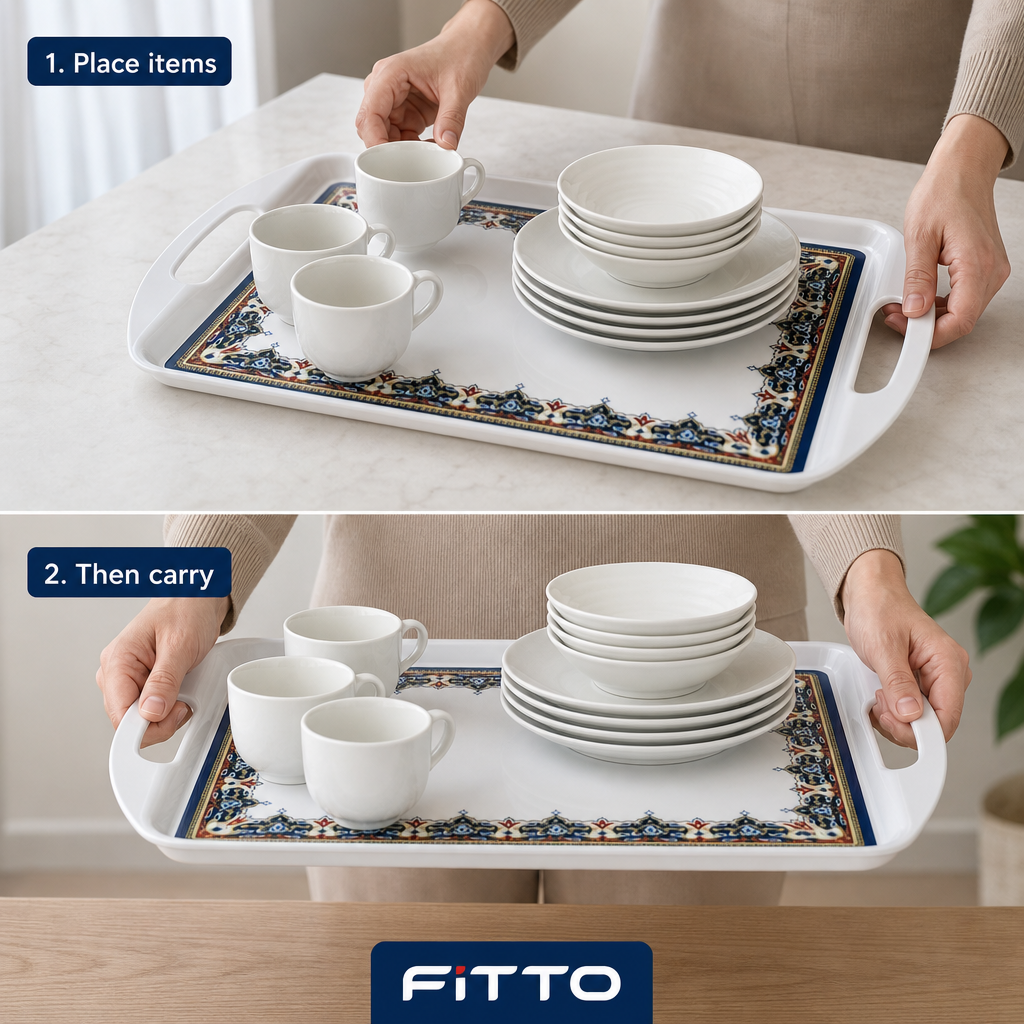 96 Pieces Melamine Rectangular Serving Trays with Handles, White, 15 Inch, Decorative Border