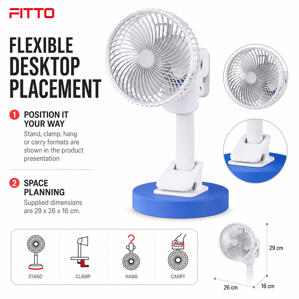 96 Pieces Desktop Fan Blue And White 1 Piece With Stand, Clamp, Hang Or Carry Options