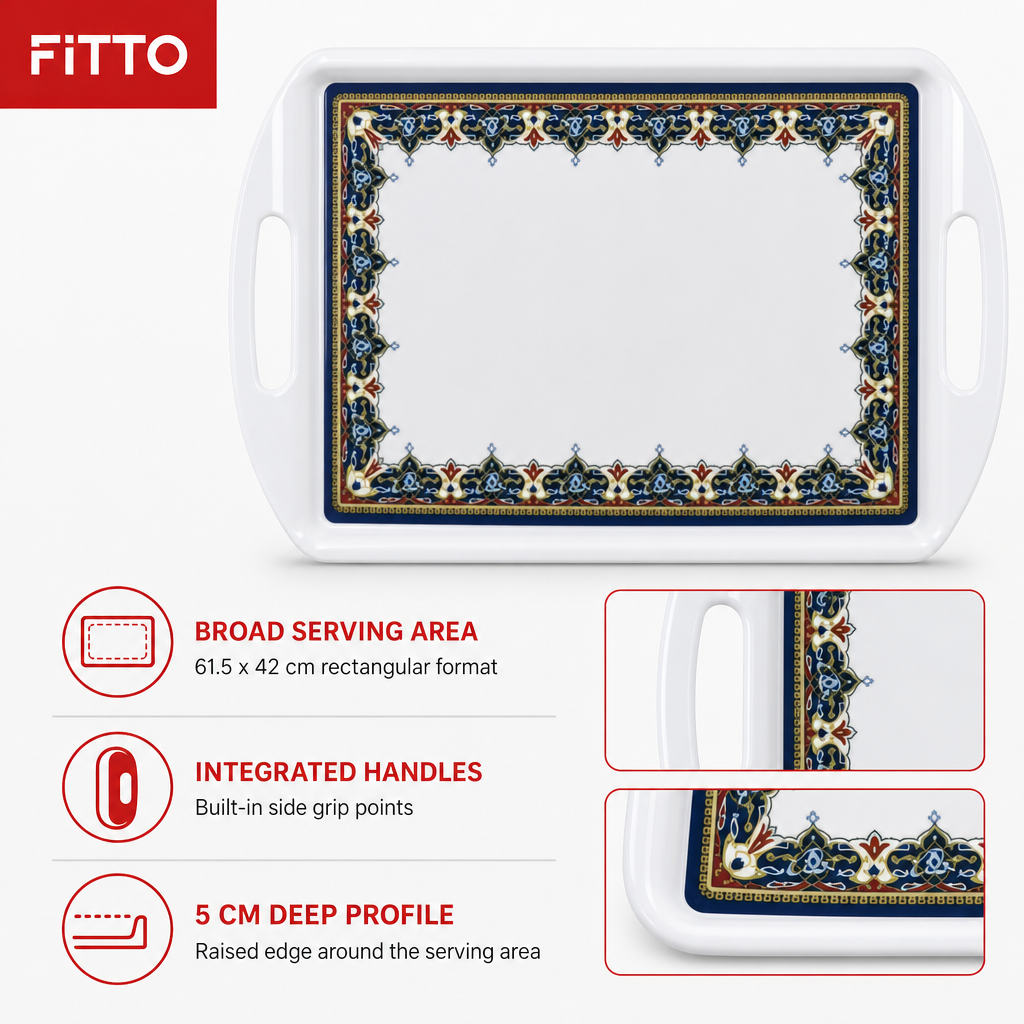 60 Pieces Melamine Rectangular Serving Trays with Handles, 24 Inch, White Decorative Border, 61.5 x 42 cm