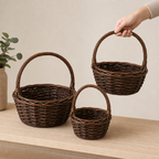 60 Pieces Round Woven-Style Storage Basket Set, Brown, Nesting Baskets with Carry Handles, 12 in, 10 in and 8 in, 3 Pieces