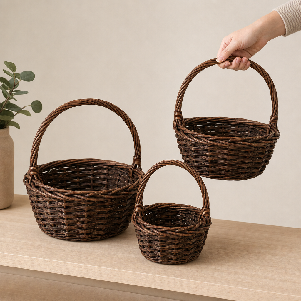 60 Pieces Round Woven-Style Storage Basket Set, Brown, Nesting Baskets with Carry Handles, 12 in, 10 in and 8 in, 3 Pieces