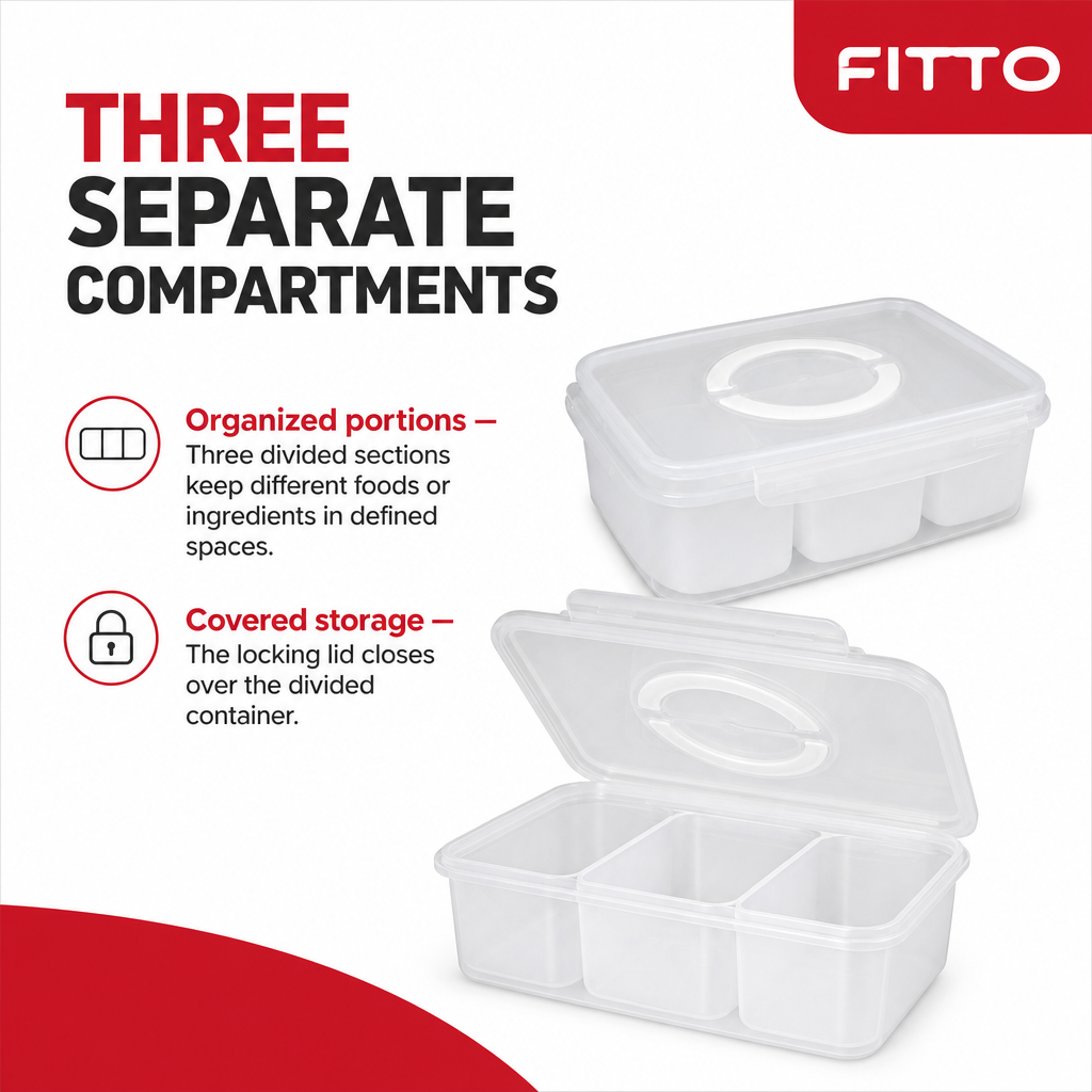96 Pieces 3-Compartment Food Storage Box with Locking Lid, Clear, 29 × 21 × 7 cm