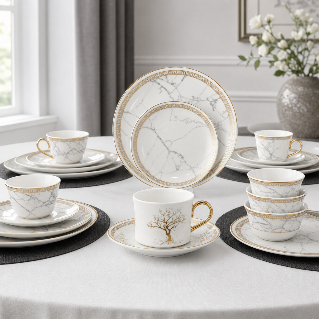 96 Pieces Ceramic Cup and Saucer Set, White and Gold, 12 Pieces