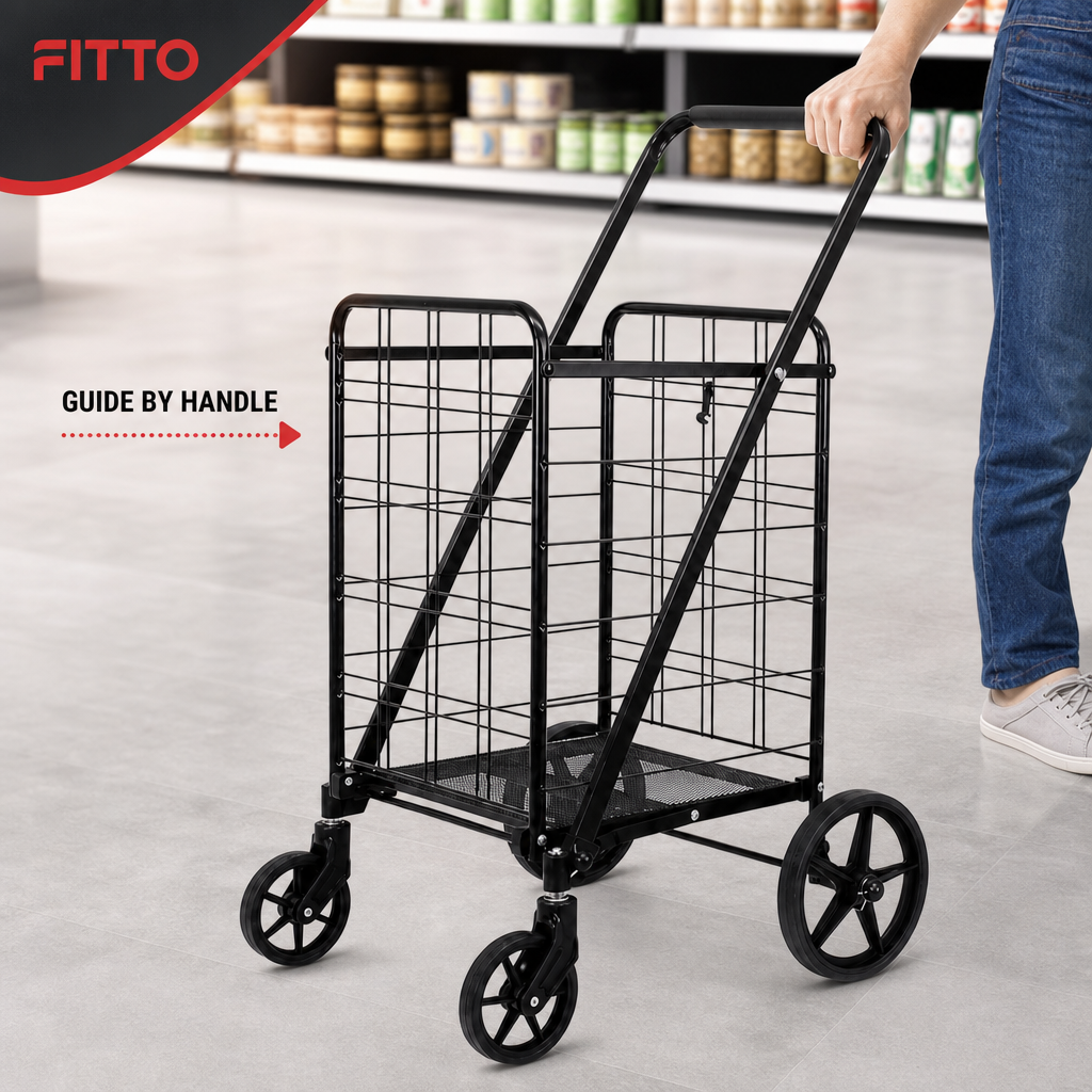 48 Pieces Black Metal Grocery Shopping Trolleys with Basket and Four Wheels, 1 Unit