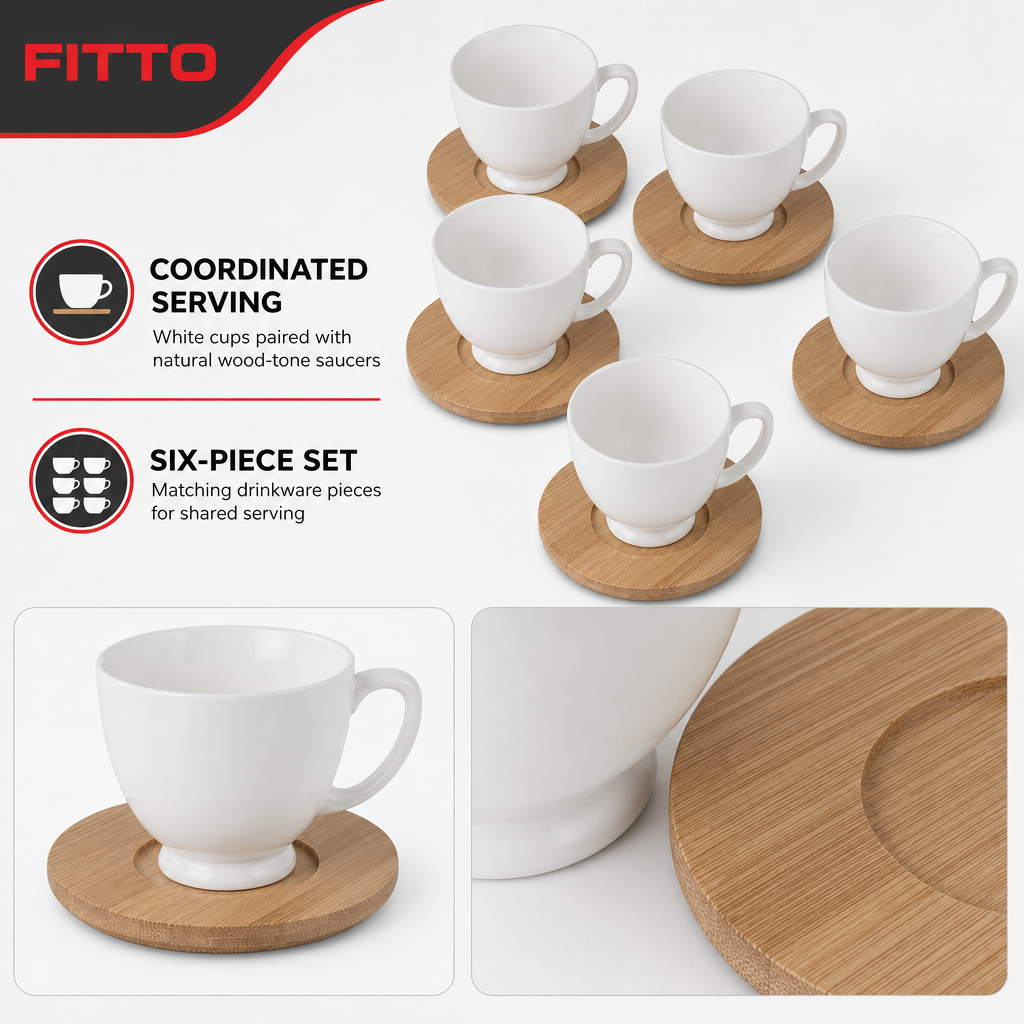 60 Pieces Ceramic Coffee Cups with Bamboo Saucers, White and Natural Wood, 6-Piece Set
