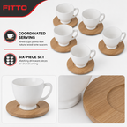 60 Pieces Ceramic Coffee Cups with Bamboo Saucers, White and Natural Wood, 6-Piece Set