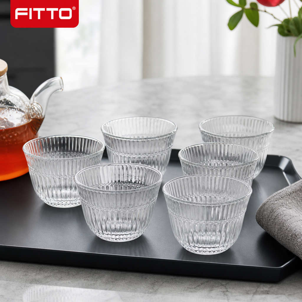 96 Pieces Clear Glass Cawa Cups with Deep Fluted Design, 6-Piece Set
