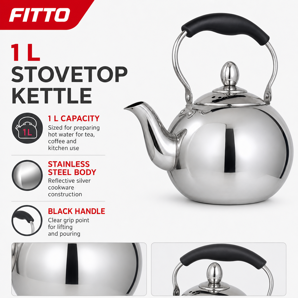 60 Pieces Stainless Steel Stovetop Kettle, 1 L, Silver and Black, 1 Piece