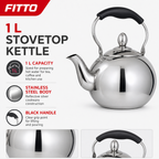 60 Pieces Stainless Steel Stovetop Kettle, 1 L, Silver and Black, 1 Piece