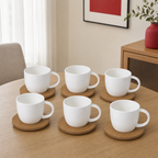 60 Pieces Ceramic Tea and Coffee Cups with Side Handles and Wooden Saucers, White and Natural Wood, 6 Pieces
