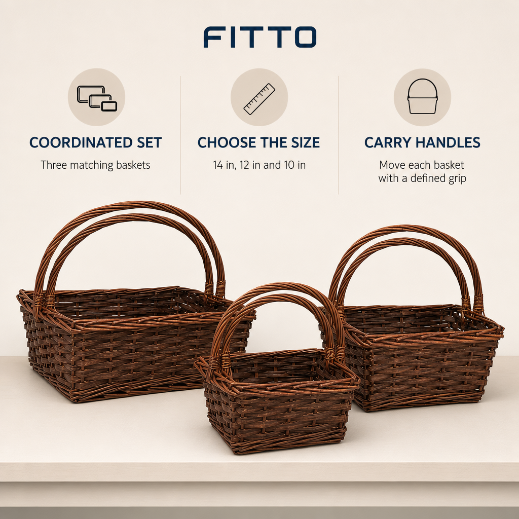 60 Pieces Rectangular Storage Basket Sets, Brown Rattan-Style Baskets with Carry Handles, 14 in, 12 in and 10 in, 3 Pieces