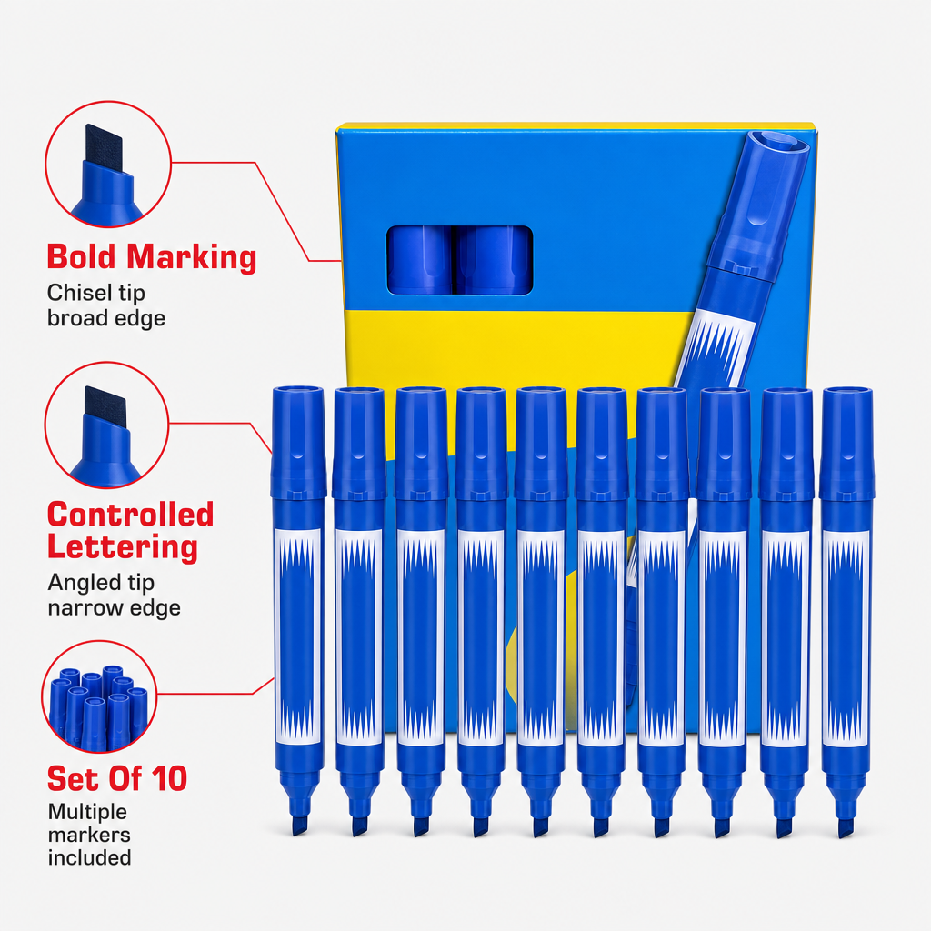 96 Pieces Chisel Tip Permanent Markers, 10 Pieces, Blue Marker Set for Paper, Metal, Glass and Plastic
