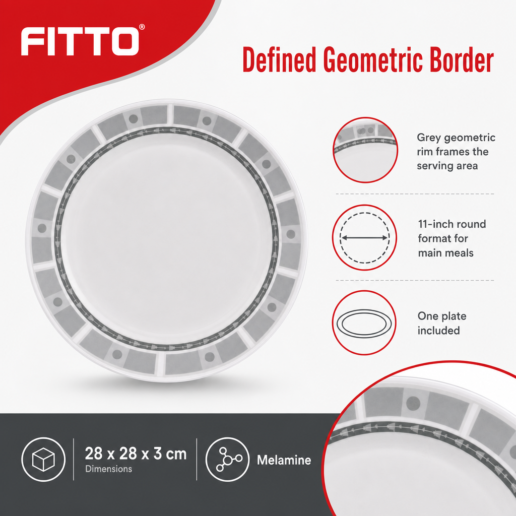 96 Pieces Melamine Dinner Plate, 11 Inch Round Plate with Grey Geometric Border, Single Piece Tablewares