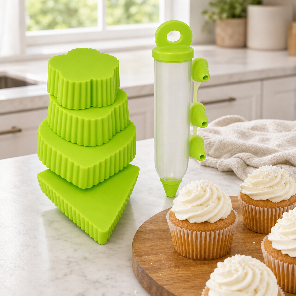 96 Pieces Green Silicone Baking Mould Set with Cupcake Moulds and Cream Dispenser, 1 Set