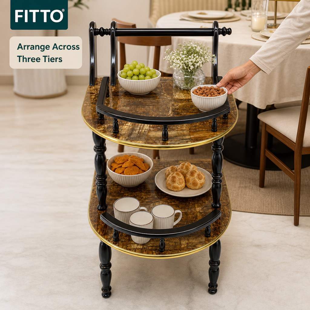 48 Pieces Three-Tier Round Serving Trolleys with Metal Frame, Amber, 48 x 48 x 82 cm
