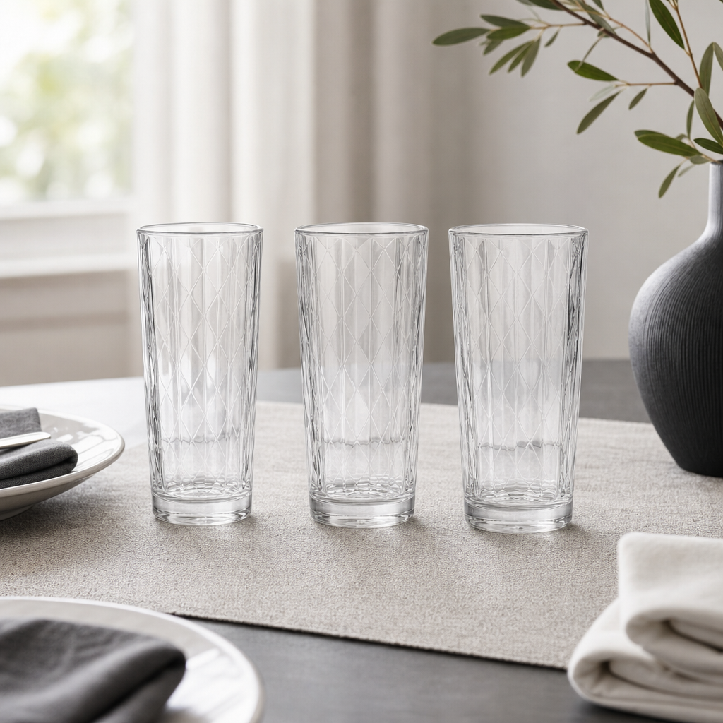 96 Pieces Glass Tumbler Set, 245 ml, 3 Pieces, Clear Faceted Drinkwares