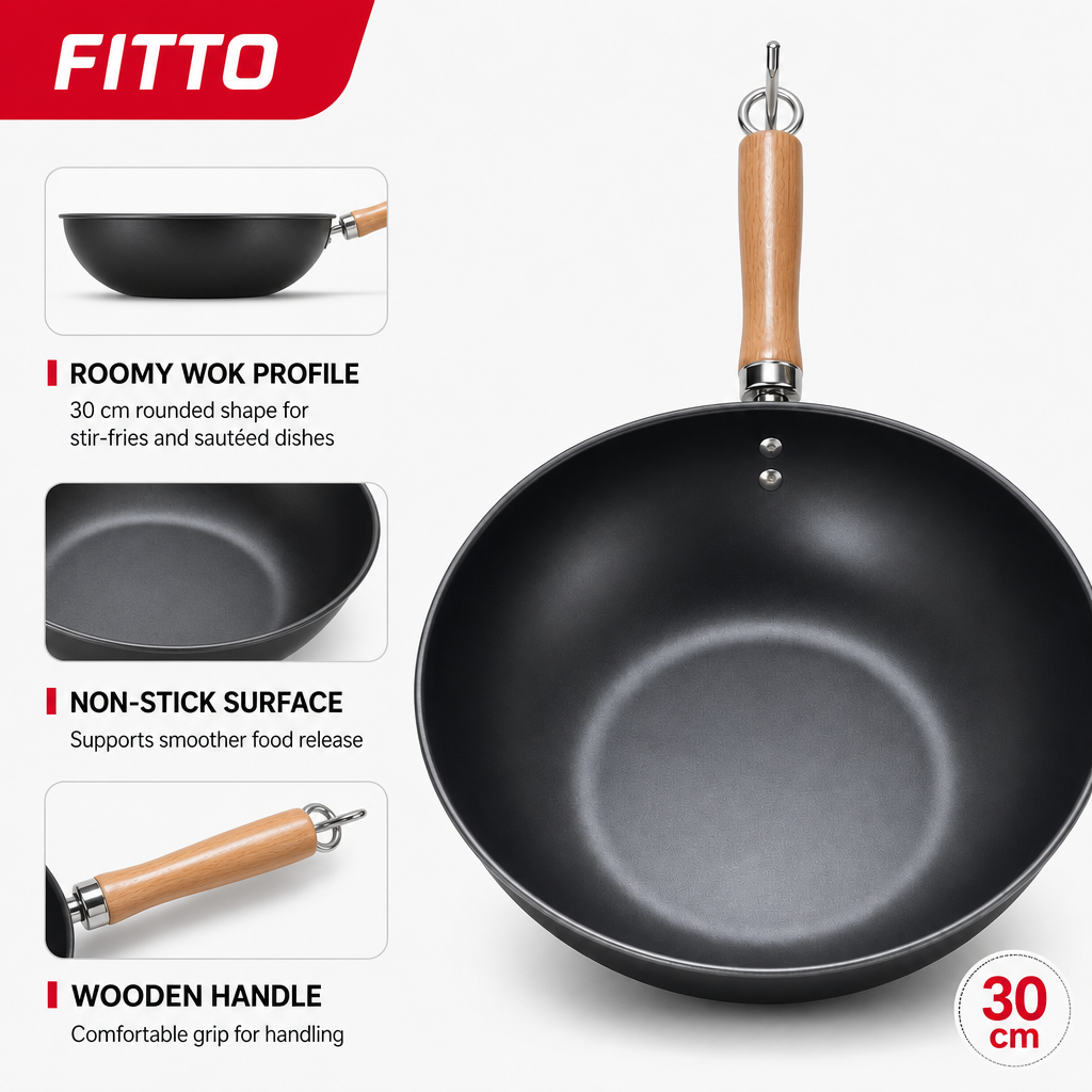 72 Pieces Non-Stick Wok Frying Pan with Wooden Handle, 30 cm