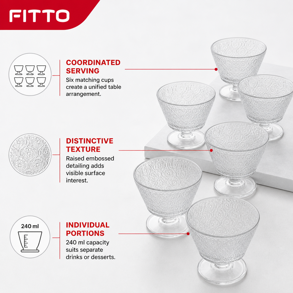 72 Pieces Glass Cup Set, 240 ml Stemmed Embossed Cups, Clear, 6 Pieces