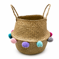 72 Pieces Woven Seagrass Basket with Pom Pom Trim, Natural Decorative Storage Basket with Handles, 35 x 35 x 32 cm