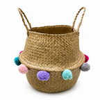 72 Pieces Woven Seagrass Basket with Pom Pom Trim, Natural Decorative Storage Basket with Handles, 35 x 35 x 32 cm