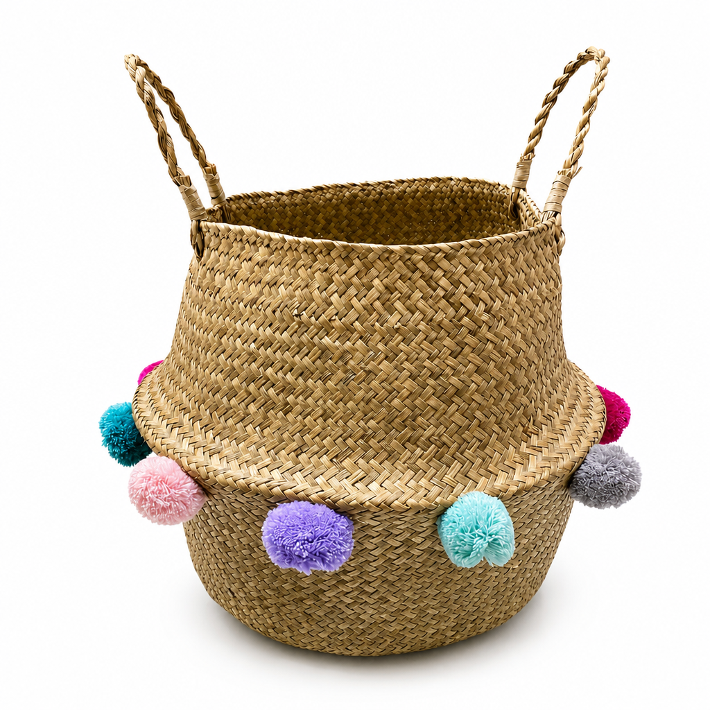 72 Pieces Woven Seagrass Basket with Pom Pom Trim, Natural Decorative Storage Basket with Handles, 35 x 35 x 32 cm