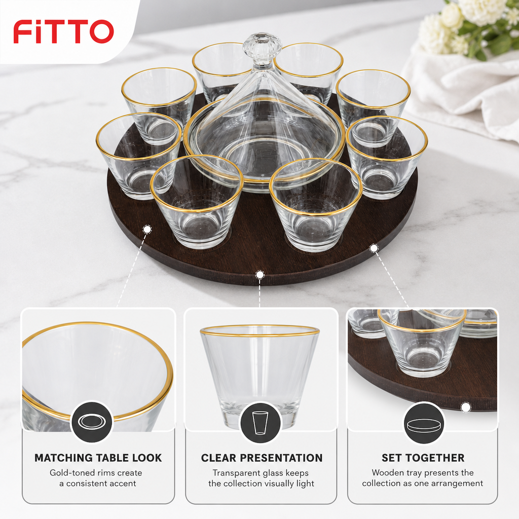 60 Pieces Clear Glass Drinkwares Set with Gold Rims and Wooden Tray, 11-Piece Beverage Serving Collection